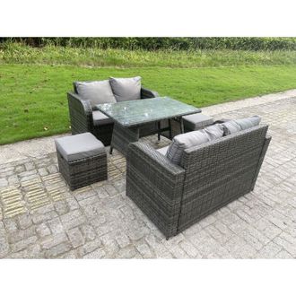 Fimous Fimous - Rattan Garden Furniture Set 2 Seater Curved Arm Double Love Sofa Sofa Oblong Dining Table