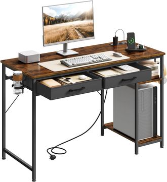 Woltu Woltu Escritorio Para Computadora Con Tomas De Corriente, Portavasos, Gancho Y 2 Cajones, Marr&oacute;n R&uacute;stico