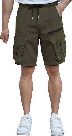 Generic Mens Work Shorts - Elastic Waist with Zipper Pockets & Drawstring Green