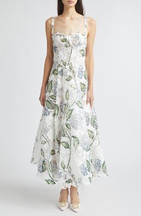 Oscar De La Renta Porcelain Flowers Guipure Lace Gown in Denim/White at Nordstrom, Size 6