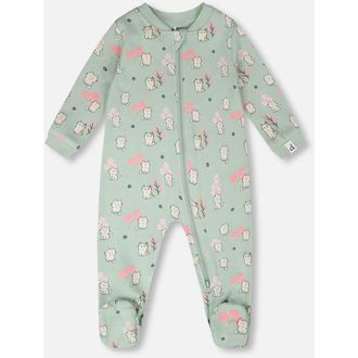 Deux par Deux Organic Cotton Kitten Print One-Piece Pyjama in Green Kitten Print at Nordstrom, Size 24M