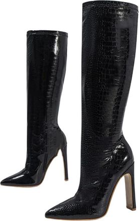 Generic Women Knee High Motorcycle Boots Pointed Toe Square Heel Long Zipper Soft Pu Leather Winter Boot