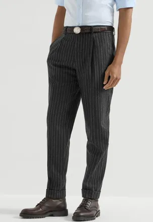Brunello Cucinelli Virgin wool and cashmere chalk stripe flannel trousers with pleat in Anthracite at Nordstrom, Size 54