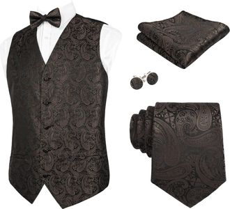 Alizeal Mens Waistcoat Necktie Hanky Cufflinks and Bow Tie Set Paisley Classic 5pc Set, Coffee-2XL