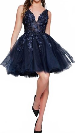 Jovani Fit And Flare Floral Applique Dress In Navy/black