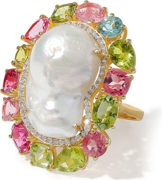 Tiramisu Gold Over Silver 33.34 Ct. Tw. Gemstone & 16-22Mm Pearl Statement Ring