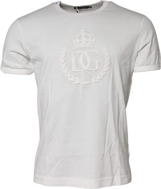 Dolce & Gabbana White Cotton DG Crown Embossed Mens T-shirt
