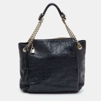 Carolina Herrera Black Monogram Embossed Leather Chain Tote