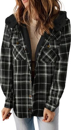 Dokotoo Womens Jackets Plaid Hooded Long Sleeve Button Down Ladies Chunky Cardigans Coat Winter Jacket for Women Fashion Shacket Warm Fuzzy Fleece Womens Coat