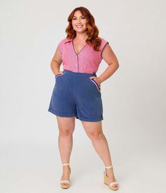 Unique Vintage Plus Size High Waist Short in Blue W/Gingham Print at Nordstrom, Size 4X