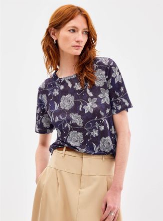 Contemporaine Womens Patterned 100% slub linen T-shirt