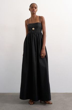 Topshop Strappy Open Back Cotton Poplin Dress in Black at Nordstrom, Size 14