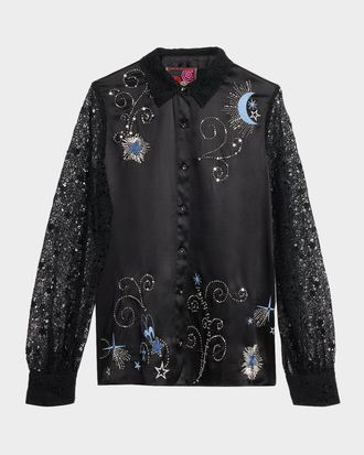 Johnny Was Vanti Beaded Lace-Sleeve Blouse