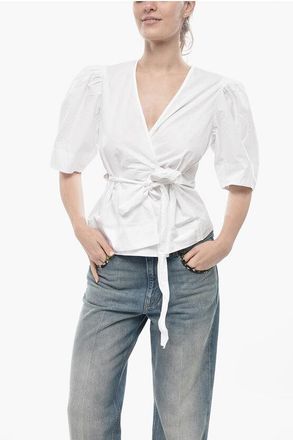 Ganni Poplin Wrap Blouse with Puff Sleeves size 42