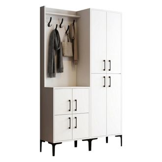 Dmora Mueble De Entrada Fondra, Perchero, 7 Estantes, Puerta Abatible, 120x35x200h Cm Blanco