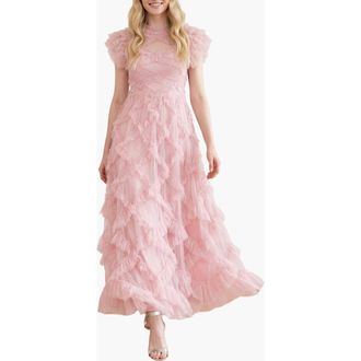 Needle & Thread Genevieve Ruffle Short Sleeve Maxi Gown in Ballerina Pink at Nordstrom, Size 8