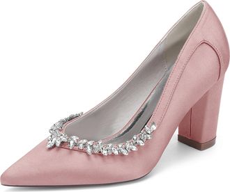 Generic Womens Chunky Heels Pumps Bridal Rhinestones Pointed Toe High Heels Wedding Party Dress Slip on Pumps Shoes 8.5Cm,and Flesh Pink.,10 UK