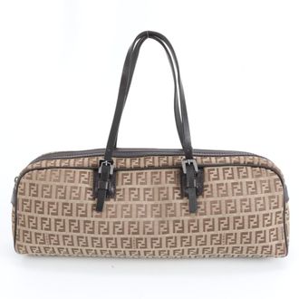 Fendi Brown Zucchino Leather Canvas Handbag Shoulder Bag Tote Bag (Pre-Owned)
