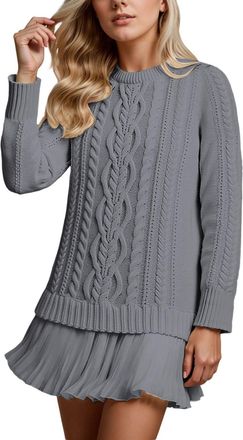 Generic Womens Jumper Dress with Lace Skirt Knitted Sweater Dress Cable Knit Elegant Autumn Comfortable Warm Wool Jumper Round Neck Pleated Patchwork Dress Tu
