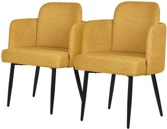 ML Design Ml-design 2x Sillas De Comedor Con Funda De Tela Mostaza, Asiento Sof&aacute; De Sal&oacute;n Con Respaldo Y Reposabrazos De Rat&aacute;n Mueble Tapizado Con Patas De Meta