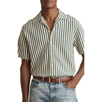 Reiss Trig Textured Stripe Camp Shirt in Green/White at Nordstrom, Size Xx-Large