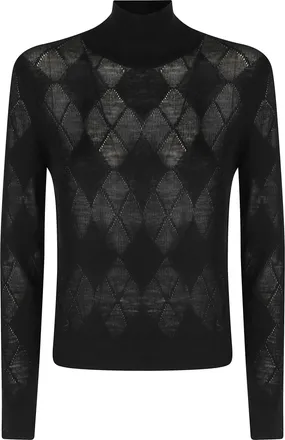 Ballantyne Black Geometric Diamond Pattern Mid-Neck Wool Sweater
