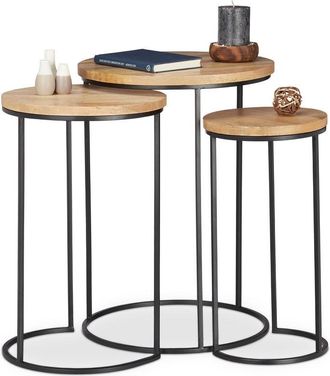 Relaxdays Relaxdays - Tavolini da Salotto, Set da 3, Rotondi, 3 Misure, Sovrapponibili, Ferro Nero e Legno di Mango, Naturale
