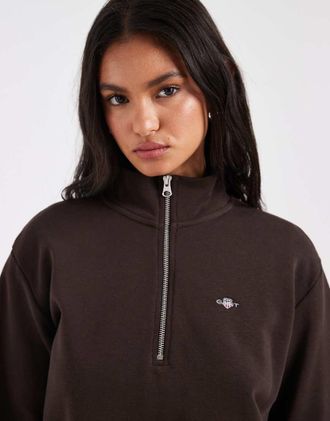 GANT Maglione in cotone marrone con zip corta