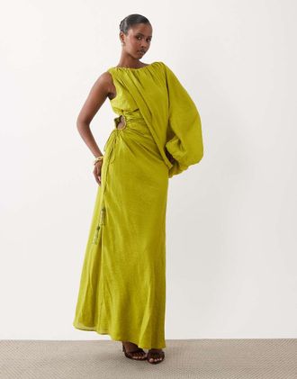 Asos Vestito lungo a campana monospalla verde lime con cut-out in vita