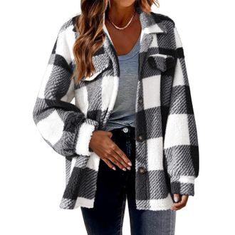 Generic Womens Fleece Jacket Fashion Button Down Womens Casual Plaid Jackets Turndown Collar Long Sleeve Checkered Winter Warm Jackets With Pockets