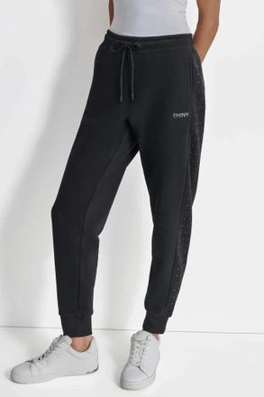 DKNY Dkny Sport Joggers Womens Black Fleece Rhinestone Drawstring Waist FTS470