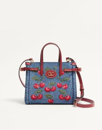 Valentino Garavani Valentino Garavani Antibes Small Denim Shopping Bag With Cherryfic Embroidery Wo