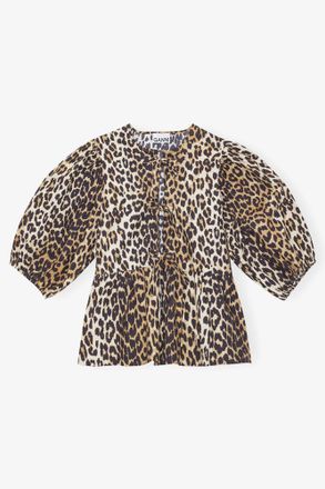 Ganni Mixed Leopard Cotton Poplin Peplum Tie Blouse - Size 32 Organic