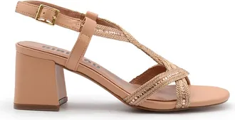 Bibi Lou Leren Sandalen met Fonkelende Stofweefsel - Dames - Sandalen met hakken - Beige - 40 EU - Leer - Schoenen
