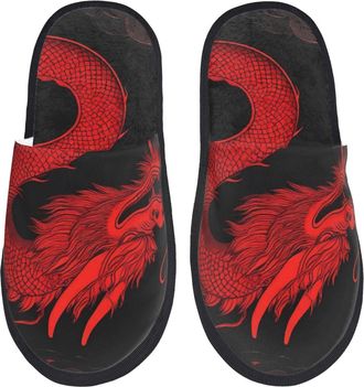 Generic Red Dragon On Black Women Men House Slippers Cosy Sliders Fluffy Shoes For Bedroom Winter Outdoor L