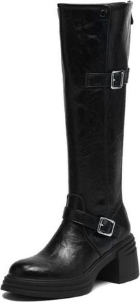Generic Womens PU Leather Knee High Boots with Side Zipper Round Toe Platform Boots Chunky Heel Long Boot with Buckle,Black,6.5 UK
