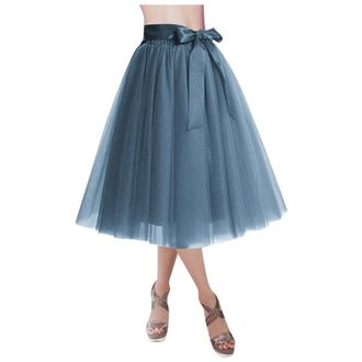 Generic Women Tutu Skirts Ribbon Midi Tulle Skirt Solid Color Festival Halloween Carnival Party Costume (UK, Alpha, One Size, Regular, Regular, Blue Gray)