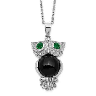 Diamond2Deal Sterling Silver Onyx Green & Clear Cubic Zirconia Owl Pendant Necklace