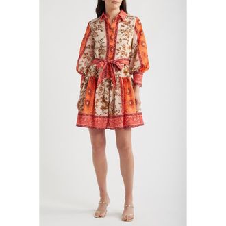 Kobi Halperin Bailey Print Long Sleeve Tie Waist Dress in Bright Coral Multi at Nordstrom, Size Xx-Large