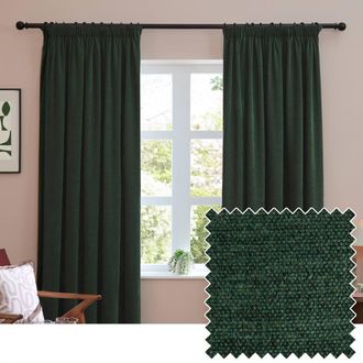 furn. Soft Chenille Blackout Pencil Pleat Curtain Pair in Bottle Green | Size: 229 cm width x 229 cm drop