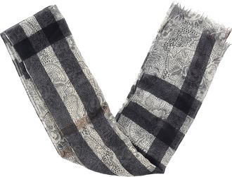 Burberry Pre-owned Womens Printed Fringed Scarf in Black and White Silk - One Size