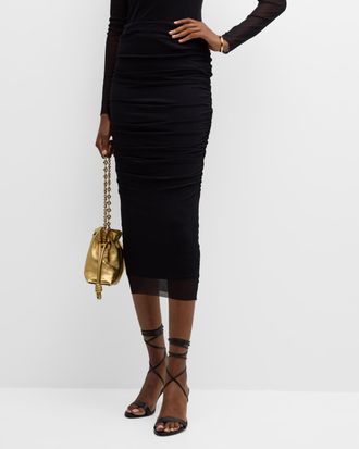 Fuzzi Ruched Tulle Pencil Midi Skirt