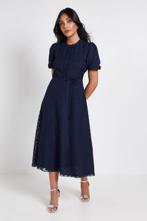 Wallis Womens Petite 3D Floral Button Midi Dress - Navy - Size 16 UK