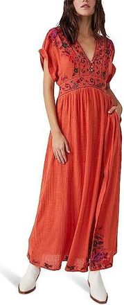 Free People Maisle Dress Womens Red Floral V-Neck Side Slit Modest UPS127