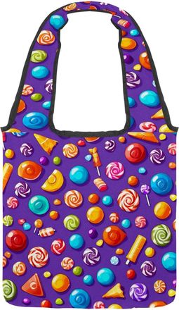 Generic Purple Candy Pattern Reversible Canvas Shoulder Tote - Double-Sided Print, 12oz Cotton, 27cm Drop, Fold-Flat Bag for Travel, Shopping, Street Outings