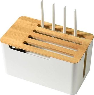 OEM Caja Blanca Para Router Con Tapa De Bamb&uacute; - Armario Ventilado Para Router Wifi, M&oacute;dem Y Cables - Con Aberturas Para Antena Y Orificio Para Cables