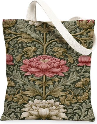 Generic Vintage Floral Canvas Tote Bags, Elegant Flower Design Reusable Grocery Bags, Lightweight Washable Shoulder Strap Canvas Fo, Green, 13x15 Inch