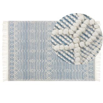 Beliani Beliani - Alfombra De Lana Azul Blanco 160 X 230 Cm Algod&oacute;n A Mano Geom&eacute;trico Borlas Orhaneli