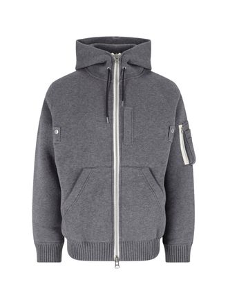 sacai Grey Zip-Up Cotton-Blend Hoodie