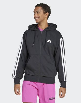 adidas adidas Performance - Essentials - Felpa nera e bianca in spugna con cappuccio, zip e 3 strisce-Nero